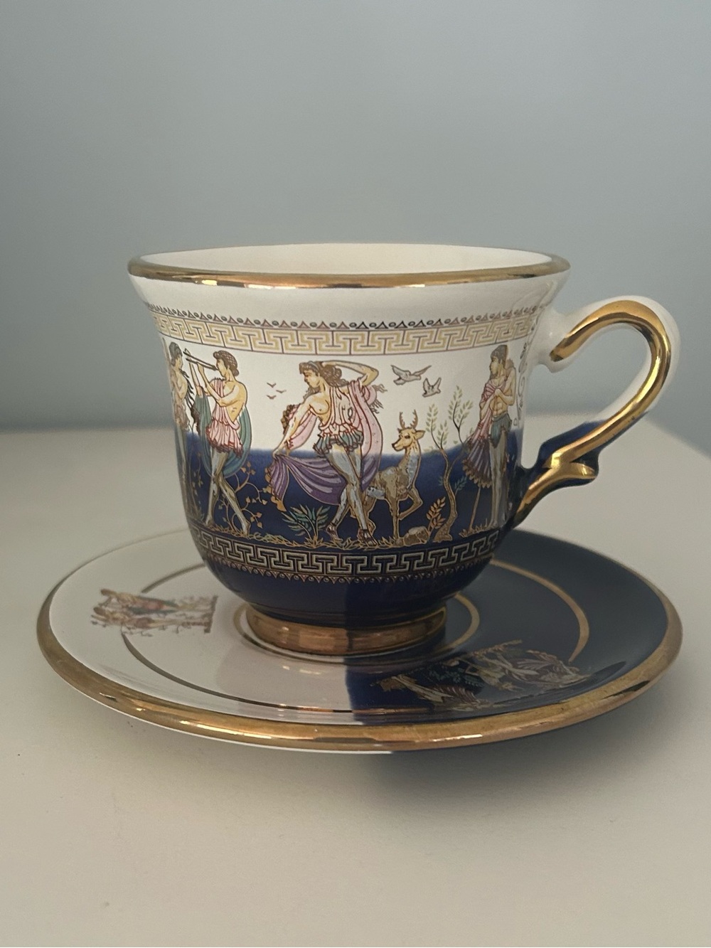 Vintage Gold-Trimmed Cobalt Blue Greek  Scene Tea Cup & Saucer - Picture 9 of 10